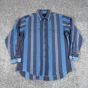 Vintage Wrangler Brushpopper Shirt Mens 17 35 Blue Stripe Cowboy Rodeo Ranch